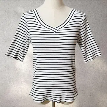 [쉽스] 티셔츠/보더 무늬/화이트 x 네이비/성인 시크/V넥/5부 소매