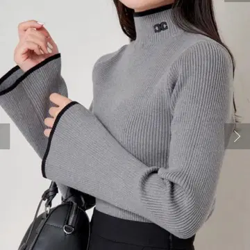 [ 가격 인하 불가 ] 치코 CHICO 목 자수 하이넥 리브 니트 그레이