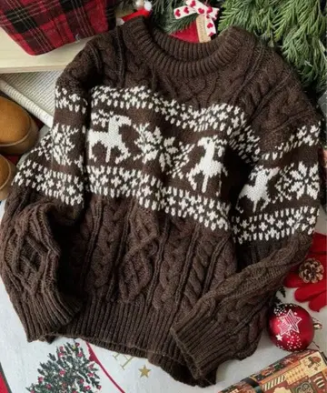 크리스마스 니트 노르딕 무늬 브라운 니트 스웨터