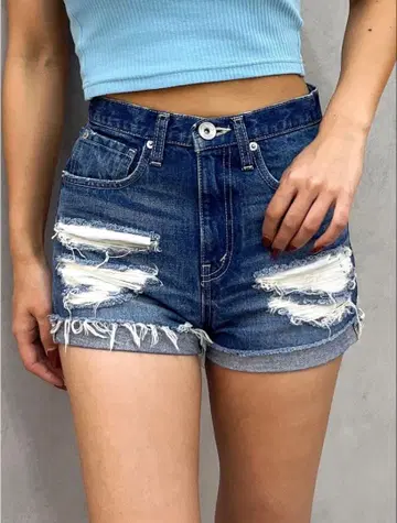 저스트 허리 데미지 데님 숏팬츠