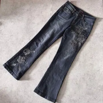 플라워 자수 플레어 부츠컷 데님 팬츠 M27 큐빅 Y2K