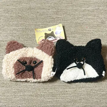 복슬복슬 고양이 파우치 2 가챠 블랙 하치와레 베이지 샤무