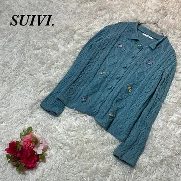 스이비 가디건 케이블 니트 터콰이즈 블루 꽃 디자인