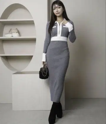 립 서비스 프론트 ZIP 바이 컬러 니트 원피스