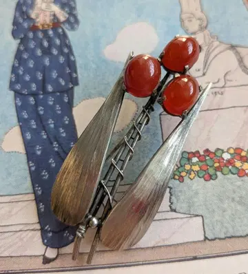 마노 카넬리안 플라워 브로치 실버제