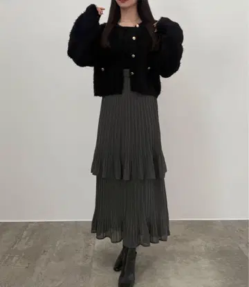 버튼 샤기 니트 가디건 + 플리츠 스커트 set