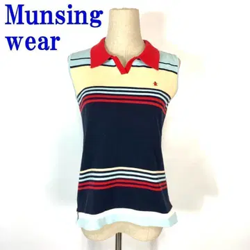 먼싱웨어 슬리브리스 니트 카라 부착 면 보더 빨간색 M C9629