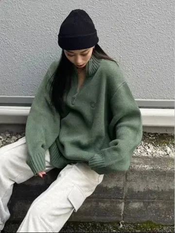 EVRIS 써니 하프 지퍼 니트탑 카키