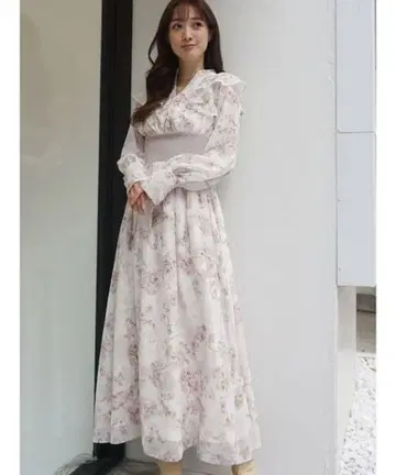 MERCURYDUO 허리 리브 스키퍼 디자인 플라워 원피스