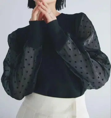 노스탤지어 시스루 도트 무늬 소매 블랙 니트 상의