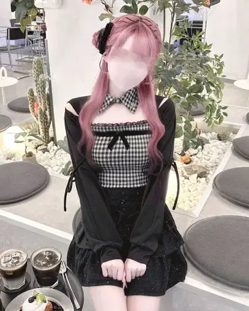 HONEY MEW 리본 슬릿 체크 앙상블 상의 블랙