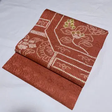 나고야 오비 순수 실크 오렌지 계열 색상 시보리 패턴 중고품