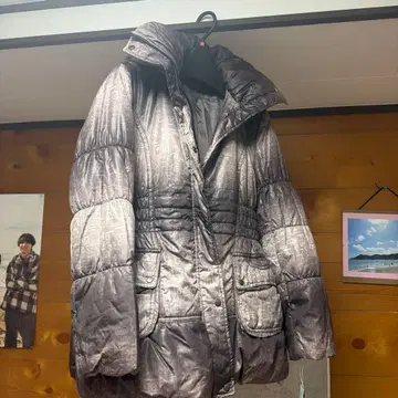 그레이 퀼팅 자켓 후드 부착