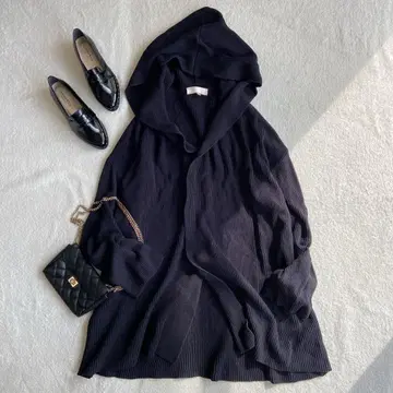 [ 사이즈 44 ] 자유구 워셔블 코튼 후드 부착 리브 롱 가디건