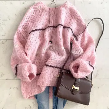 컨디션 최상 mici 미치 손뜨개질 모헤어 니트 로즈버드 핑크 F