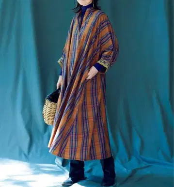 누키테파 포플린 체크 롱 원피스 셔츠 원피스 자수