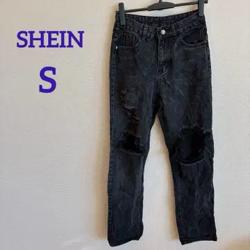 새상품급 SHEIN [ S ] 블랙 스트레이트 데님 데미지 진 무지