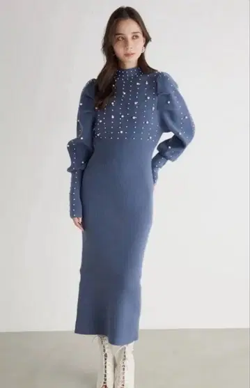 [ rienda ] 메니 모조 진주 타이트 Knit 원피스 블루 롱