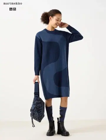 유니클로 x 마리메꼬 라무 크루넥 원피스 네이비 L 콜라보