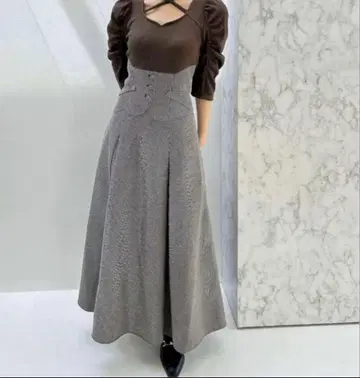 브라운 니트 체크 무늬 롱 원피스