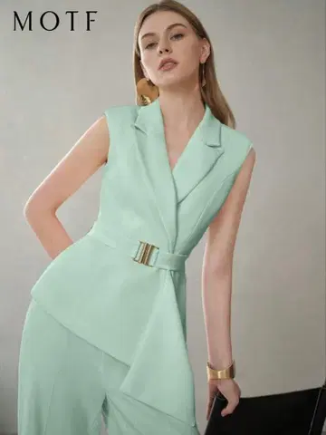 MOTF 민트 그린 MOTF 프리미엄 비대칭 밑단 피 라펠 베스트