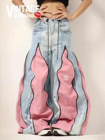 adidas 리메이크 4 지퍼 와이드 데님 팬츠 핑크 101171