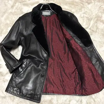 새상품급 벨맥시 램 가죽 코트 양가죽 L 블랙 페이즐리 퍼플