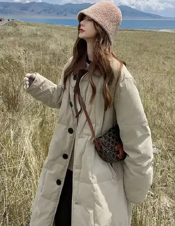 새상품 충전솜 코트 코튼 카라 부착 a 롱 코트 카키 코트 점퍼