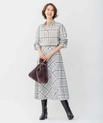 자유구 L [ 세트 가능/세탁 가능 ] 가을 체크 드롭 숄더 블라우스