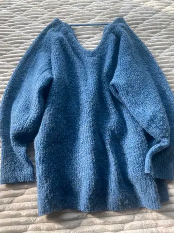 파란색 V넥 긴팔 니트 스웨터 카스타네