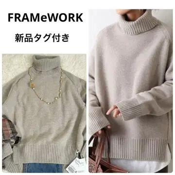 미사용 택 포함 프레임워크 울 캐시미어 터틀 롱 풀오버 니트