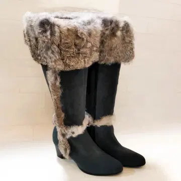 코카 이탈리아 롱 부츠 퍼 포함 미사용 퍼 포함 롱 부츠 블랙