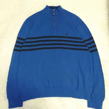 NAUTICA 블루 블랙라인 집업 니트 스웨터 XL 자수 로고