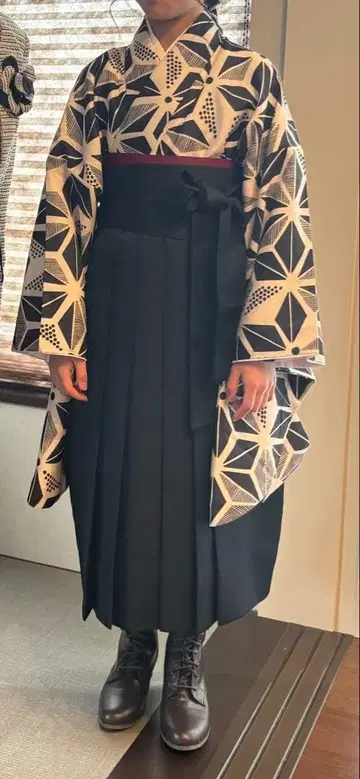 기하학 패턴 하카마 스타일 하카마 세트 머리 장식 부츠 세트