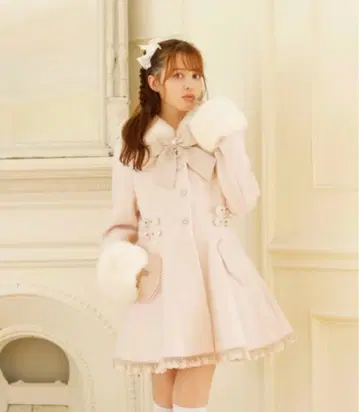 리즈리사 LIZLISA 비쥬 리본 미니 기장 A라인 코트 핑크