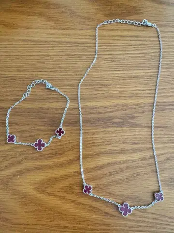 핑크 플라워 모티브 실버 액세서리 세트 목걸이 팔찌