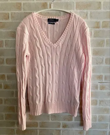 새상품급 폴로 랄프로렌 핑크 케이블 니트 V넥 스웨터 XS