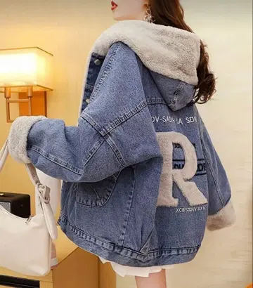 데님 자켓 따뜻함, 방풍, 파란 바탕에 흰색 R 자수