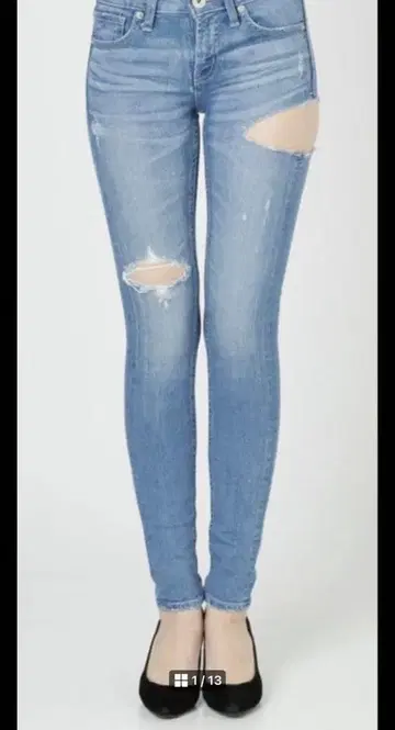 GYDA 사이드 립드 스키니 데님 팬츠 아이스 블루 M 사이즈