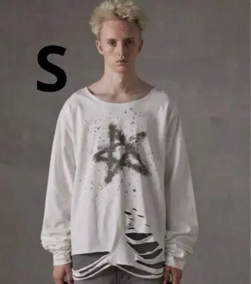 GRANCY 큐빅 디자인 그래픽 데미지 롱 T S 화이트