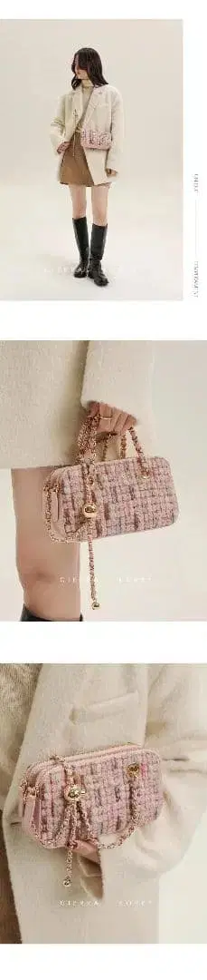 핑크 계열 트위드 숄더백