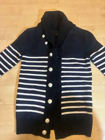 [컨디션 최상] AKM 숄 니트 가디건 네이비 보더 카모 무늬