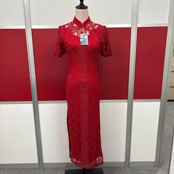 레이스 빨간색 차이나 드레스 반팔