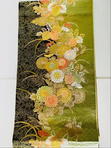 순수 실크 후쿠로 오비 꽃무늬 자수 그린 컬러와 블랙