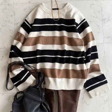 새상품급 띠어리 theory 울 캐시미어 보더 무늬 크루넥 니트