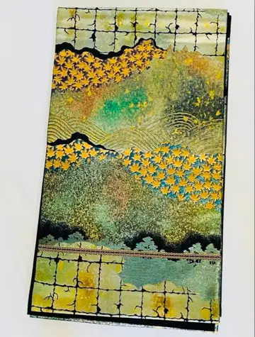 순수 실크 후쿠로 오비 골드 컬러 잎 무늬