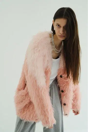 BI COLOR SHAGGY KNIT CARDIGAN