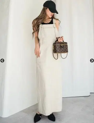 글램 립스 베이지 코튼 오버롤 롱 기장