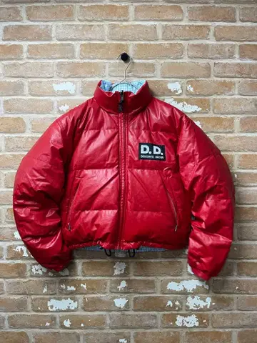 90s 다운 자켓 짧은 기장 에나멜 빨간색 리버서블 y2k 체크 무늬