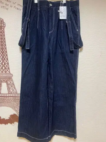 데님 와이드 팬츠 서스펜더 포함 인디고 블루 미사용